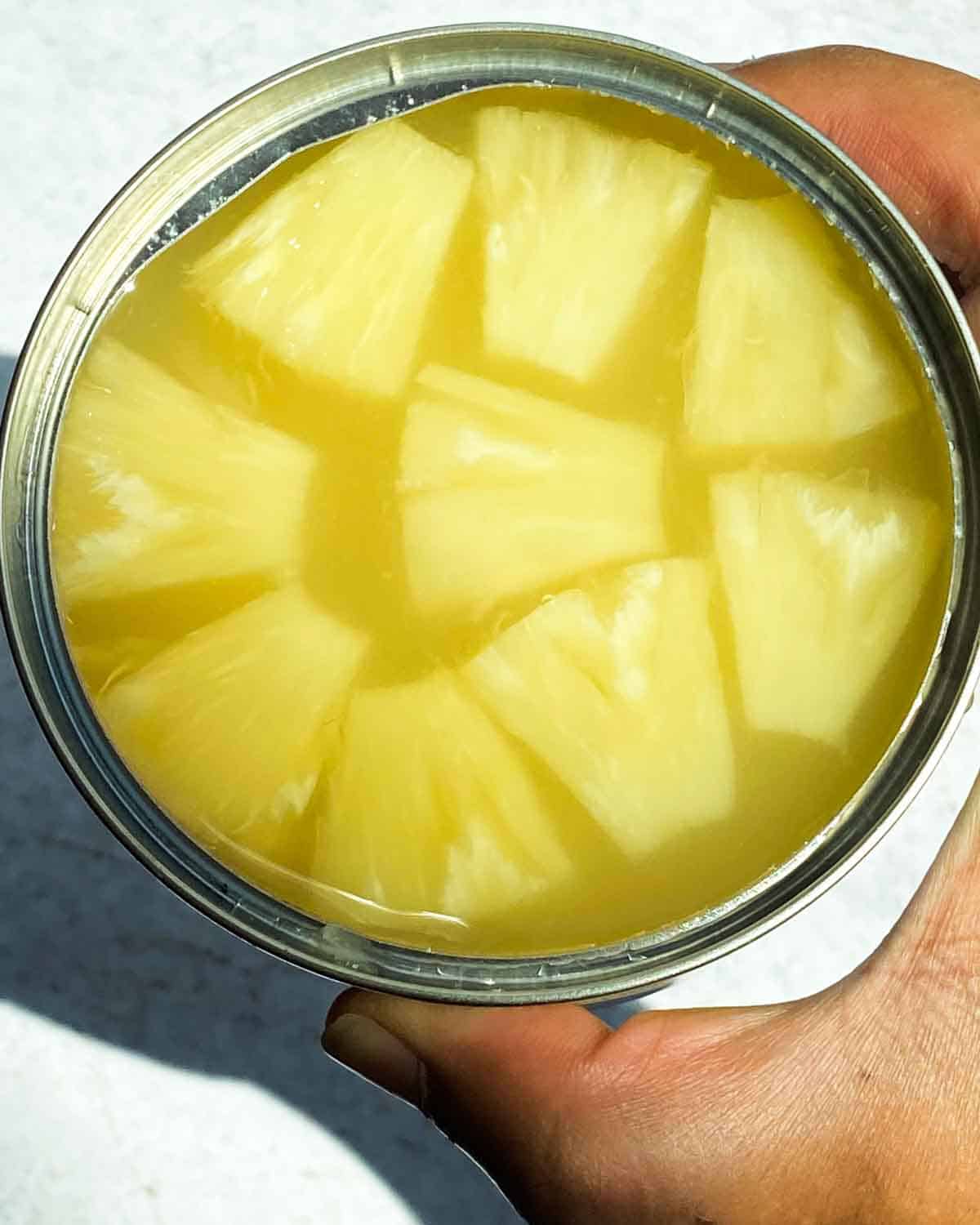 Opened can of pineapple chunks