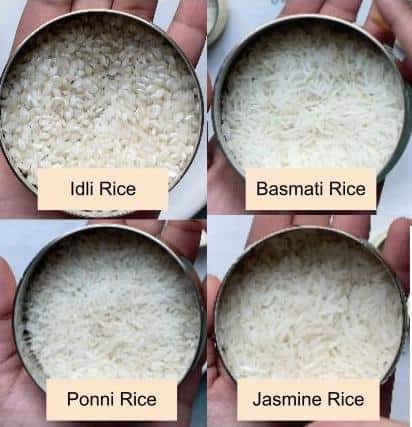 Close up of idli rice, basmati Rice, Ponni Rice, and jasmine rice grains