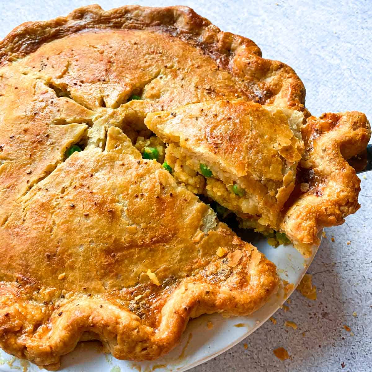 Oven-baked samosa pot pie with potatoes and peas