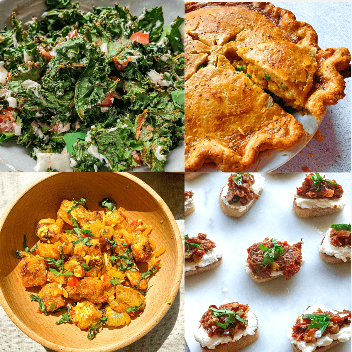 Pictures of four Indian-inspired thanksgiving dishes. Crispy kale chaat, samosa pot pie, Indian stuffing, and tomato chutney bruschetta.