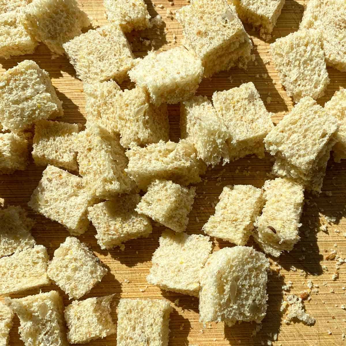 Cubed bread ready to be made into croutons