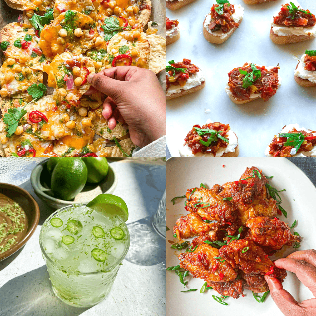 Picture of four Super Bowl Indian appetizers. Nachos Chaat (Top Left), Tomato Chutney Bruschetta (Top Right), Nimbu Pani Cocktail (Bottom Left), Indo-Chinese Chicken Manchurian Wings(Bottom Right)