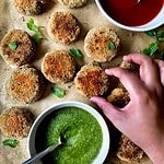 Mutton cutlets breaded with mint cilantro chutney and maggi hot and sweet chutney