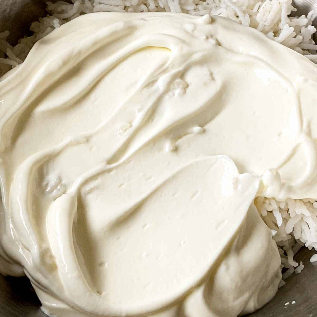 Creamy greek yogurt swooped over basmati rice