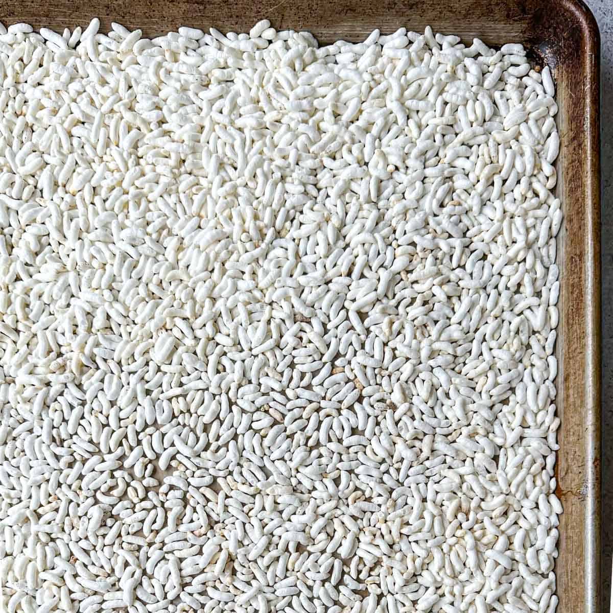 Sheet tray of baked muramura or rice puffs