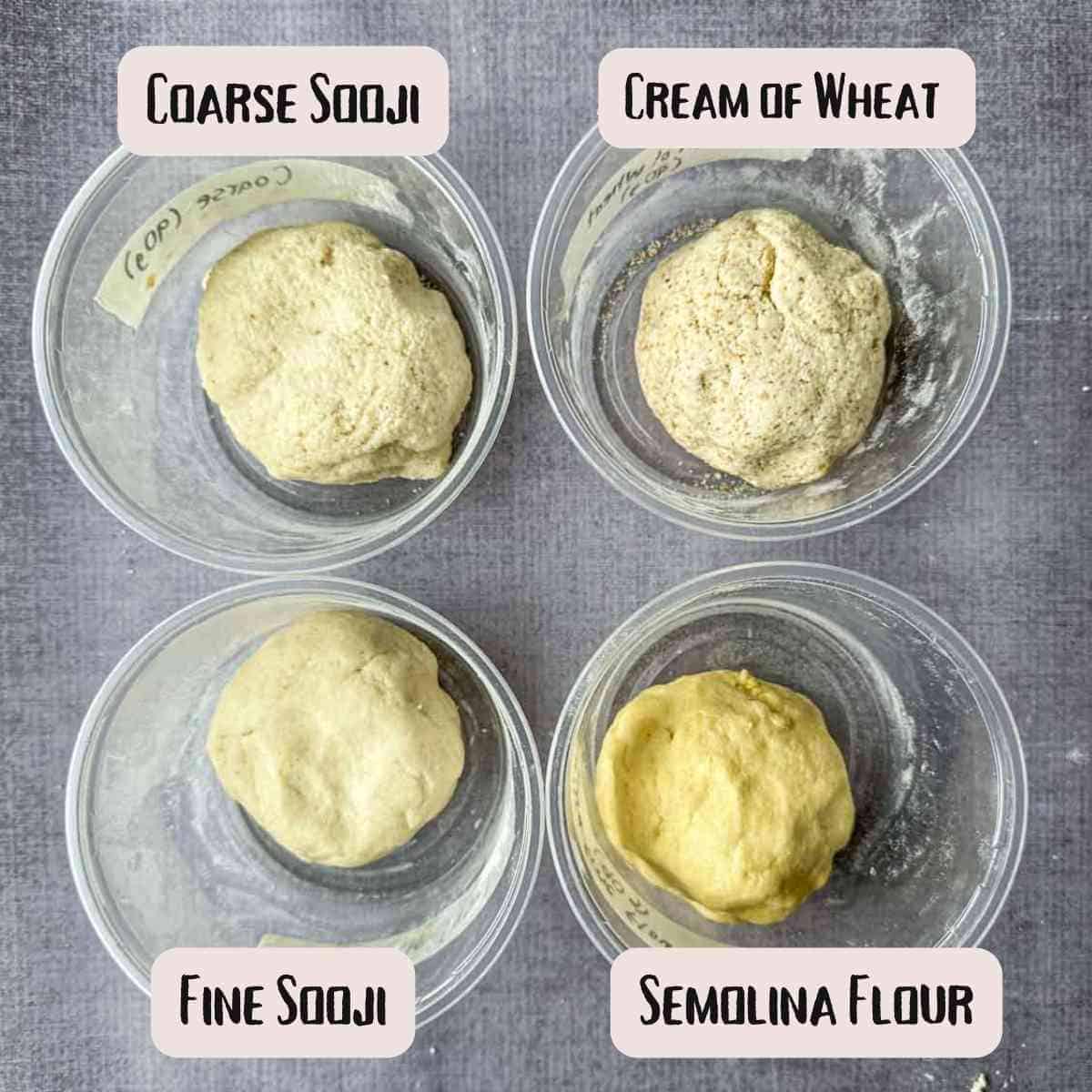 Four different types of doughs used for pani puri. Top left is coarse sooji, top right is cream of wheat or farina, bottom left is fine sooji, and bottom right is semolina flour
