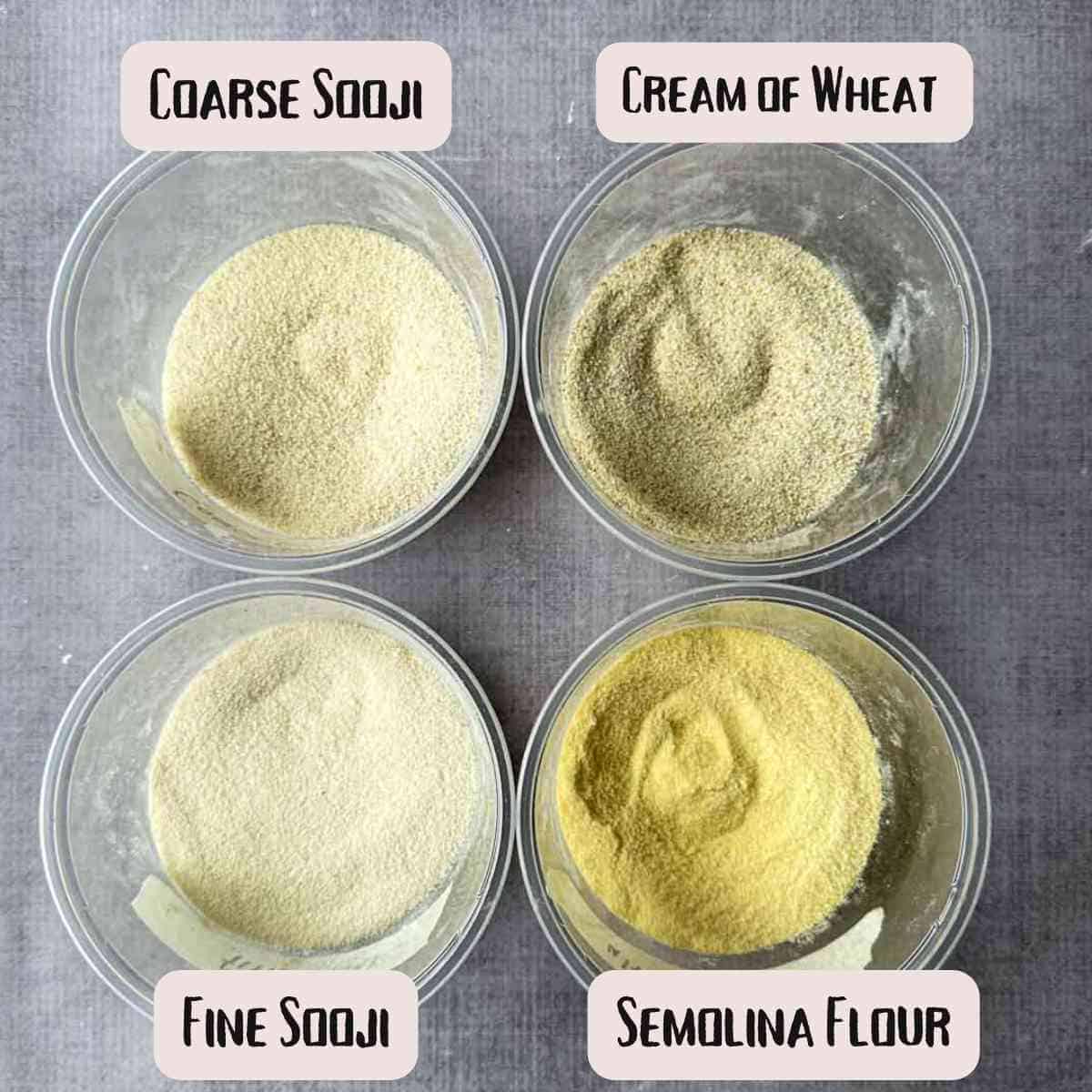 Four different types of flours used for pani puri. Top left is coarse sooji, top right is cream of wheat or farina, bottom left is fine sooji, and bottom right is semolina flour