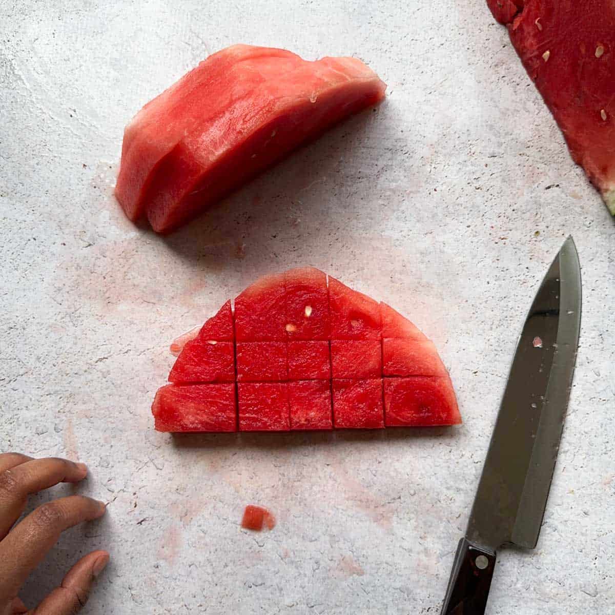 A watermelon cut into cubes