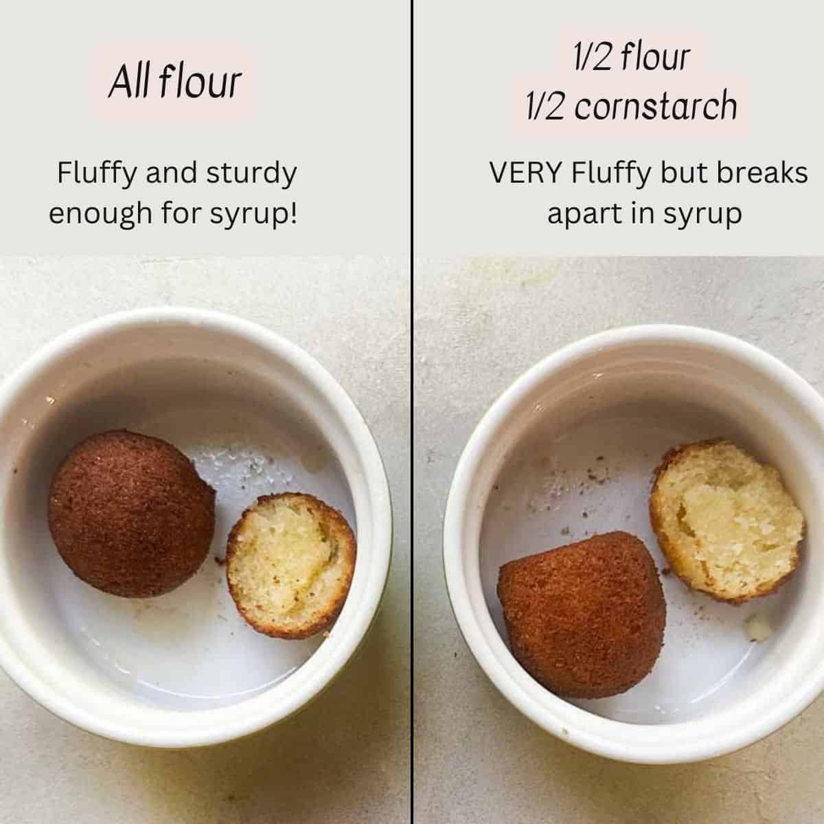 Infographic of gulab jamun made with only flour (left) and gulab jamun made with half flour and half cornstarch (right). The graphic shows that both jamuns are fluffy but the one with cornstarch is fluffier although less stable to withstanding soaking in syrup.