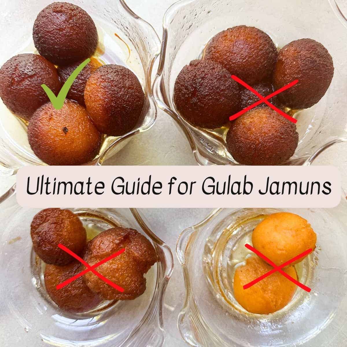 A photo with four glass cups of gulab jamuns. 3 of the glasses have an x icon indicating that those are mistakes. 1 glass has a green check mark indicating it is the correct way to make a gulab jamun.