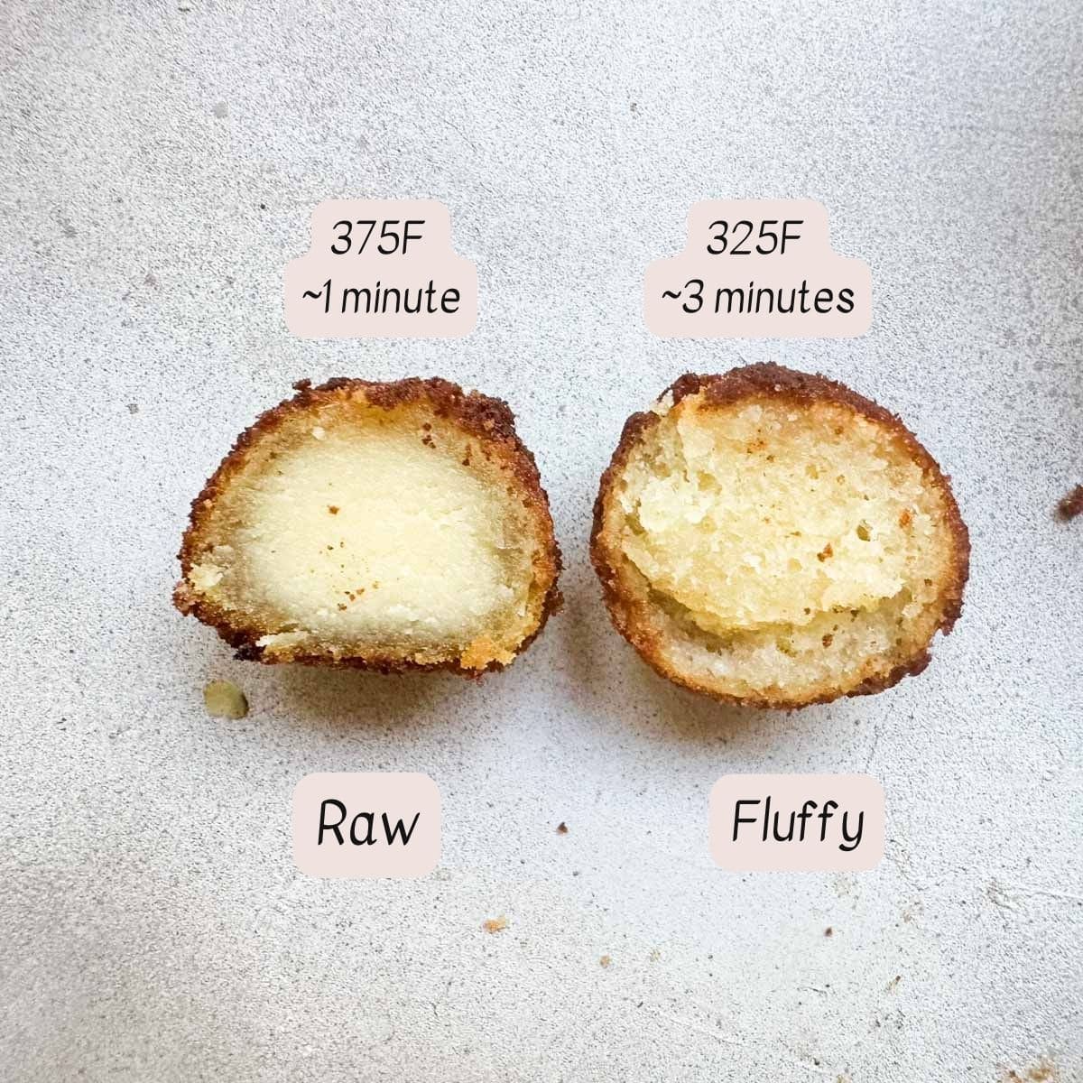 Infographic showing a cross section of gulab jamun on the left that was cooked at 400F for ~1 minute that is raw in the center and one that was cooked at 325F for 3 minutes that is fluffy on the inside.
