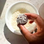 A hand holding a dry gulab jamun coated in coconut flakes