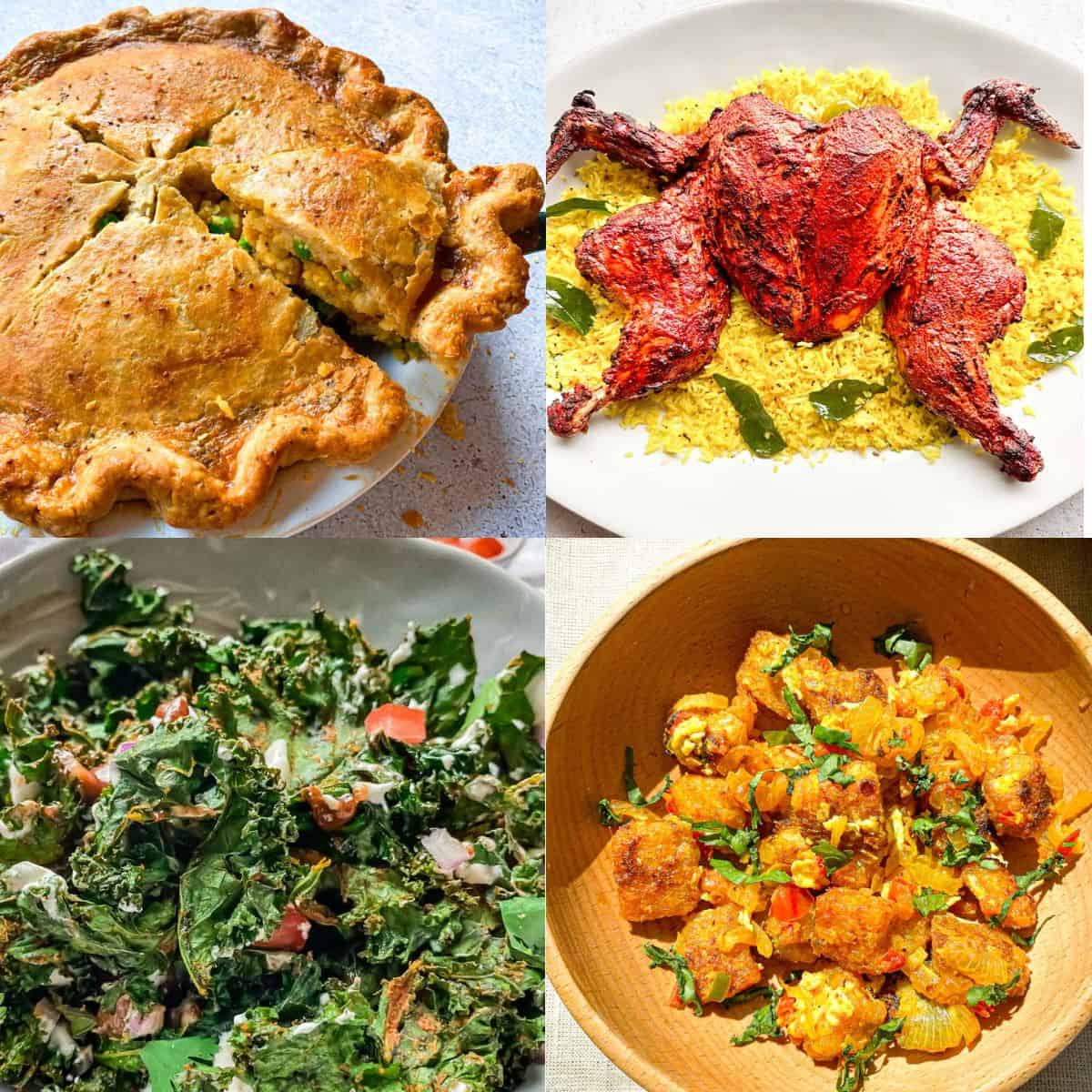 Indian Thanksgiving Menu photo with four dishes. Top left is samosa pot pie, top right is oven baked tandoori chicken, bottom left is crispy kale chaat, and bottom right is indian inspired stuffing.