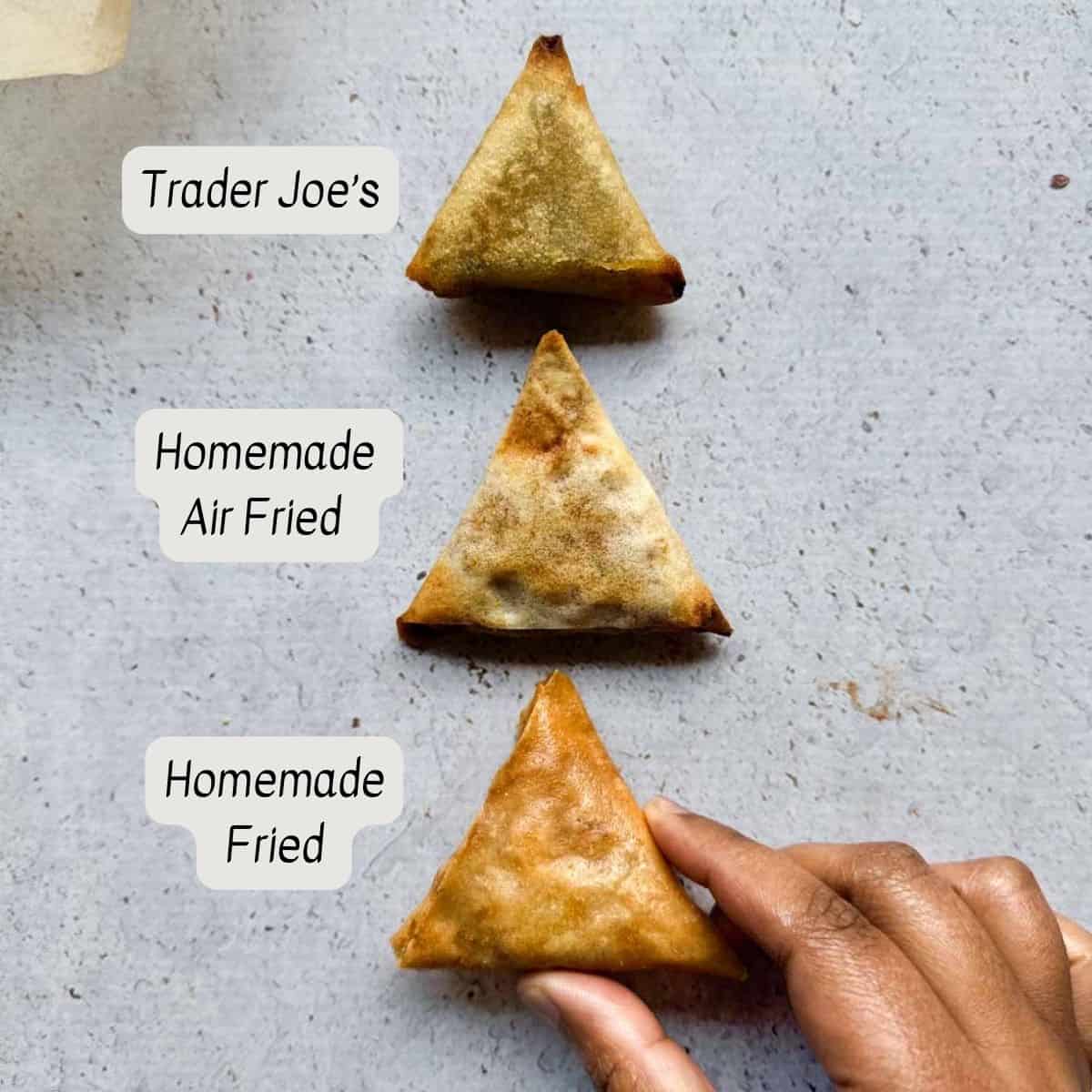 Three cocktail samosas. The top one is a Trader Joe’s spicy pumpkin samosa. The middle is a homemade sweet potato samosas that was air fried. The bottom samosas is one that is also homemade but was fried.