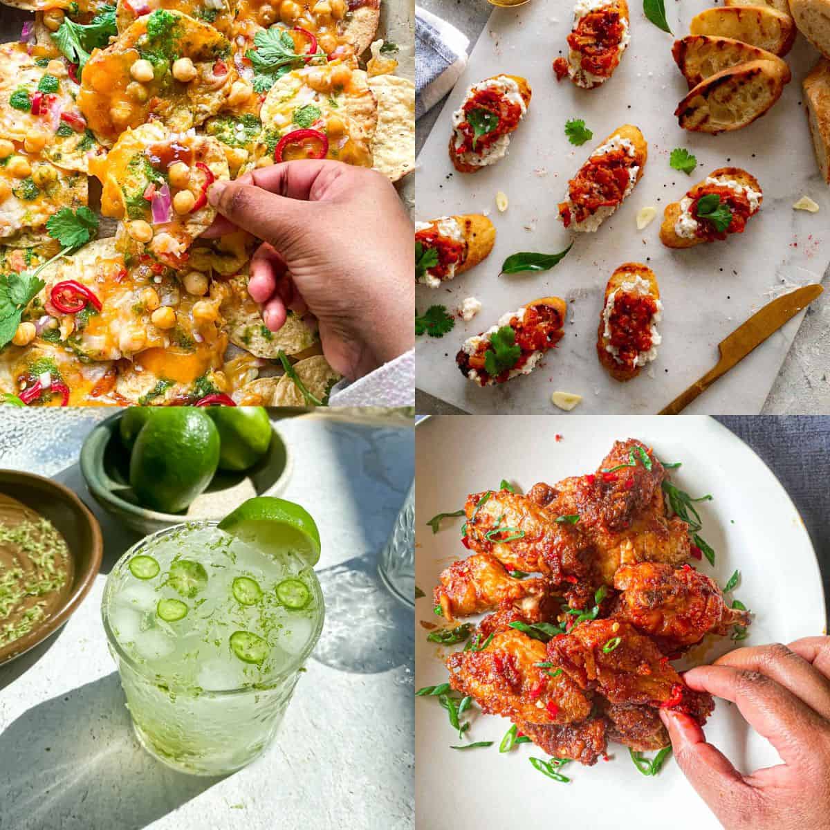 Indian superbowl appetizer ideas represented as four photos . Top left is chaat nachos, top right is tomato chutney bruschetta, bottom left is spicy nimbu pani, and bottom right is oven baked manchurian wings