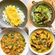 Photo of four Indian dal based dishes. Top left is simple moong dal cooked on the stovetop, top right is spinach dal cooked in instant pot, bottom left is pumpkin sambar, and bottom right is chow chow kootu - a dal and lentil stew.