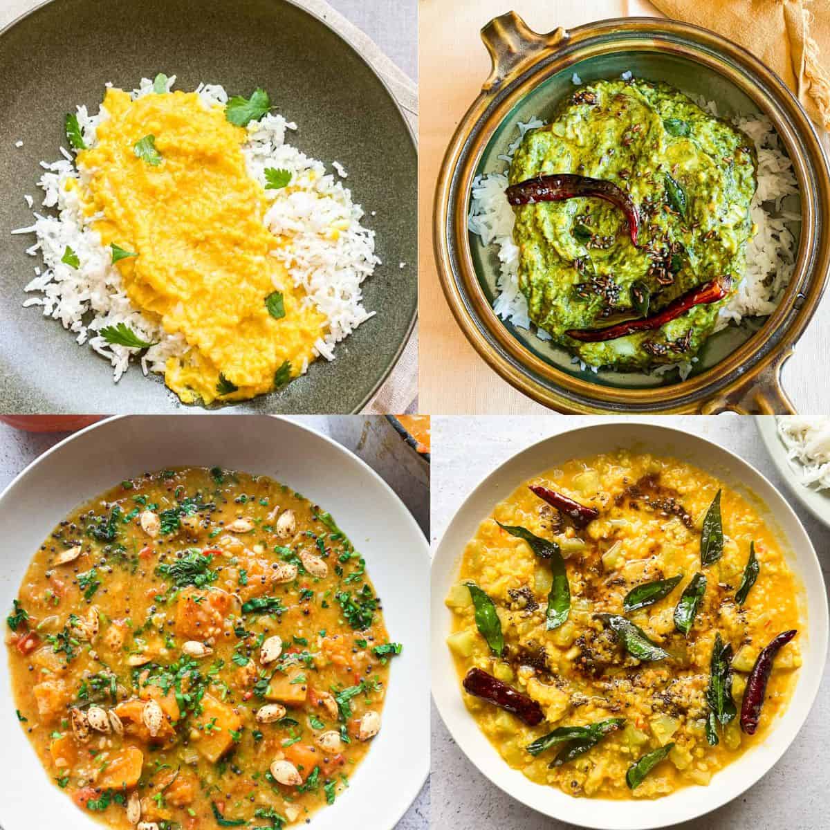 Photo of four Indian dal-based dishes. Top left is simple moong dal cooked on the stovetop, top right is spinach dal cooked in instant pot, bottom left is pumpkin sambar, and bottom right is chow chow kootu - a dal and lentil stew.
