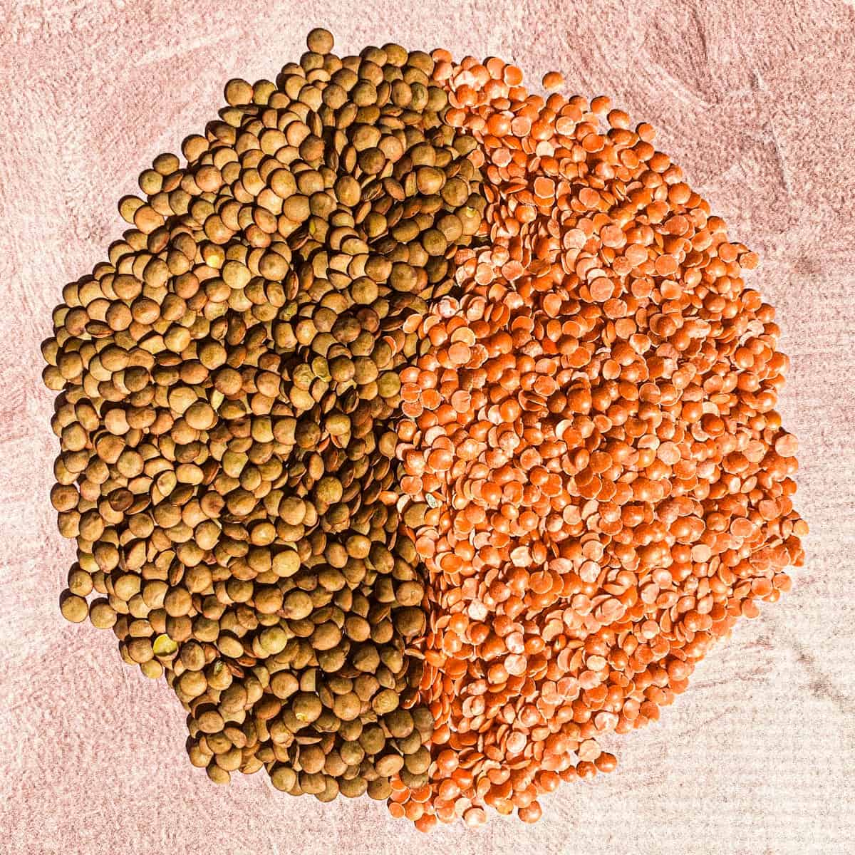 Whole masoor dal on the left and split and hulled masoor dal (aka red lentil) on the right.