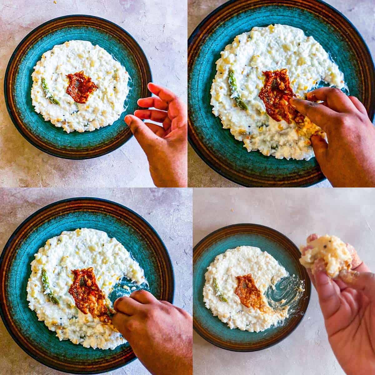 A series of four photos showing the steps of eating thayir sadam (yogurt rice) with your hands. First photo shows the hand reaching for food, the second shows the index finger reaching for the pickle to mix with the yogurt rice, the third photo shows the hands pursing the food, and the last photo shows the rice picked up from the plate.