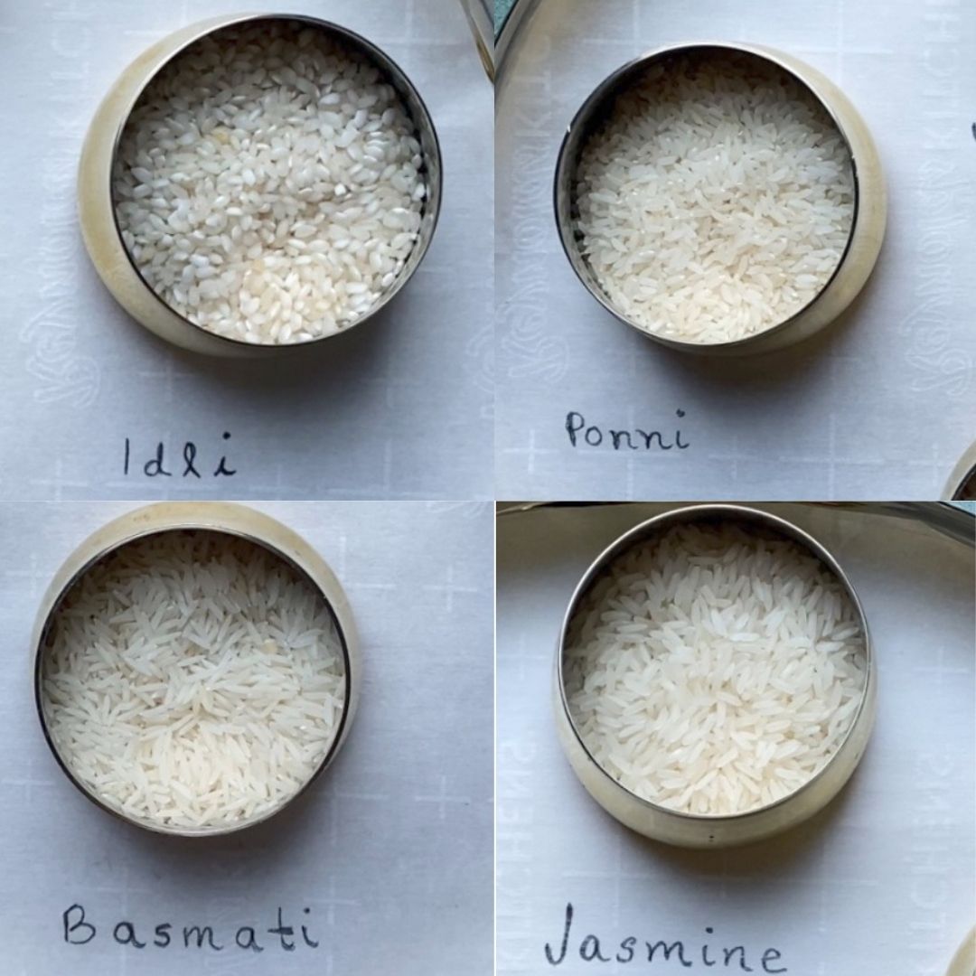 Idli rice, ponni rice, basmati rice, and jasmine rice in small bowls.