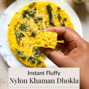 A brown hand holding a cross section of nylon khaman dhokla. The cross section shows big air bubbles and a spongy dhokla. The background shows the rest of the dhokla on a serving plate along with cilantro-mint green chutney and chai that are served with the dhokla.