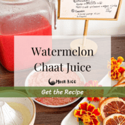 Watermelon chaat juice station setup with juice, garnishes, and spices for the rim.