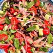 A bowl filled with a kala chana or chickpea salad. The salad has black chickpeas, pickled onions, cucumbers, tomatoes, mint, cilantro, and toasted peanuts.