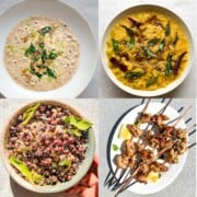 Pictures of high protein Indian dishes like Black eyed peas curry, chow chow dal, chickpea sundal, and malai chicken kebabs.