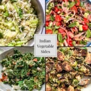 4 indian vegetable sides photos. Top left is of cabbage poriyal, top right is of a chickpea chaat salad, bottom left is of crispy kale chaat, and bottom right is of tamarind glazed brussel sprouts.