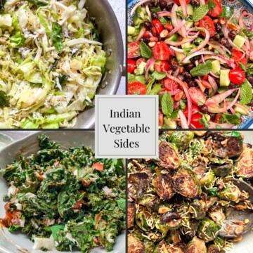 4 indian vegetable sides photos. Top left is of cabbage poriyal, top right is of a chickpea chaat salad, bottom left is of crispy kale chaat, and bottom right is of tamarind glazed brussel sprouts.